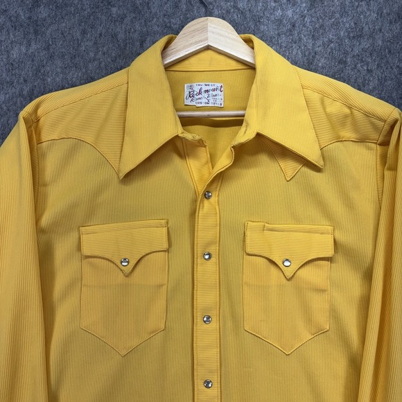 Vintage Rockmount Ranch Wear Pearlsnap Shirt Men's XL Yellow Western Yoke Ribbed - Picture 2 of 9